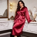 Luxurious burgundy satin robe for women with elegant silk-like finish and waist tie - Red
