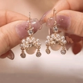 Elegant Chinese style long-life lock earrings with pink opals and pearls in rose gold - Rose Gold Pink Pearl Drop