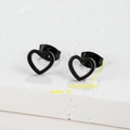Minimalist black hollow heart stud earrings 0.7cm on white stone texture background - Heart / Black