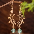 Ethnic antique gold branch leaf drop earrings with green crystal beads on wood - Light Green (S)