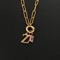 Elegant stainless steel paperclip chain necklace with letter Z and pink crystal charm - Letter Z
