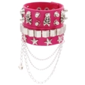 Detail of pink PU leather punk bracelet featuring silver skull studs and metal chains - Rose Red Zirconia Set