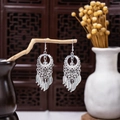 Silver bohemian dreamcatcher earrings with peacock bell fringe and hollow leaf pendants - Silver Dreamcatcher Feather Tassel(E5242-1)