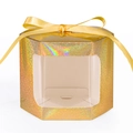 Golden hexagonal gift box with laser holographic finish, clear window and yellow ribbon - Fine Sand Gold