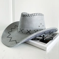 Dettaglio cappello cowboy in pelle scamosciata grigia con cuciture nere e laccio regolabile - S (54-56cm) Bambini / Grigio