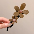 Pince à cheveux vintage française avec fleurs en résine marron et perles roses - Pince Torsadée Noire / Floral Marron