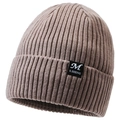 Men's winter knit beanie in coffee brown color with ribbed texture and side label - Khaki