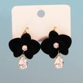 Detail of black suede flower earrings with teardrop zircon drop on display card - Black Velvet Flower Waterdrop Zirconia Drop Earrings (Style 4)