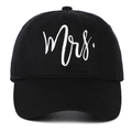 Black baseball cap featuring white Mrs. cursive embroidery on a minimalist front view - MRS / Black
