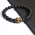 Bracciale da uomo con perline nere opache, corona in bronzo e pietra occhio di tigre - Occhio di Tigre Opaco