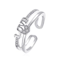 Silver adjustable double-layer ring with LOVE letters, heart charm, and pavé crystals - Silver LOVE Heart Double Ring (G014)