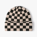 Checkerboard knit beanie in black and beige, thick winter hat with a wide folded cuff - Khaki