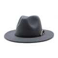Detailed macro view of dark grey fedora hat featuring a thin black belt and gold buckle - Dark Gray
