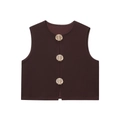 Gilet marron foncé pour femme avec trois boutons coquillages dorés sur fond blanc pur - S / Châtain