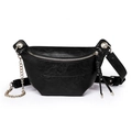 Minimalist black faux leather saddle chest bag with gold chain strap and woven knot detail - Black