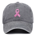 Washed dark grey cotton baseball cap with pink ribbon embroidery for outdoor leisure - Adjustable / Gray