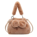 Camel plush bucket bag with large faux fur bow and detachable PU leather shoulder strap - Brown