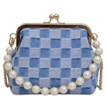 Elegant blue checkered evening clutch with faux pearl handle and gold clasp - Denim Light Blue Grid