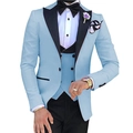 Three-piece light blue business casual men suit with black lapel and waistcoat - Sky Blue