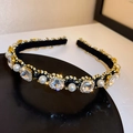 French vintage black velvet headband with gold weaving, pearls, and rhinestones - Silver Pearl