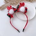 Weihnachts-Haarreif mit roten Hasenohren, weißen Pompons und grünen Schleifen - Gepunktete Schleife Stil / Rot/Grün