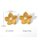 Detail view of 18K gold plated flower earrings with pearls and size 3.22cm measurement - Gold Pearl Five-Petal Flower Stud Earrings (HC-E10209)