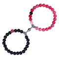 Magnetic couples bracelets set with 8mm black matte and pink floral stone beads - Round Magnet / Black Red