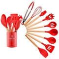 11-piece red silicone kitchen utensil set with wooden handles and storage container - Small Bucket Compact Style / Red