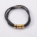 Braided black leather bracelet with gold-tone metal beads and silver magnetic clasp - 60CM / Gold Finished Bracelet