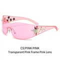 Y2K wraparound star sunglasses featuring transparent pink frames and silver star accents - Transparent Pink Frame Pink Lenses