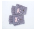 Grijze pluche vingerloze handschoenen met roze kattenpootpatroon en knopdetail - Eén maat / Donkergrijs & Lichtroze
