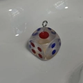 Translucent matte dice pendant with red and blue dots on a silver metal ring - Frosted Translucent Dice Pendant (PY049-TM)