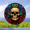 Vue détaillée du pendentif de voiture rond en acrylique avec motif de crâne et roses - Crâne Coloré (21)