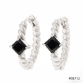 Twisted stainless steel hoop earrings with black square zircon in silver finish - Silver Black Stone Style (PDE712)