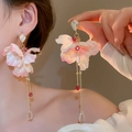 Pink and white chiffon flower tassel earrings with gold chains and crystals for women - Silver Earring Post (Double Flower Style) / Pink