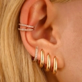 Five-piece gold ear piercing set featuring crystal ear cuffs and smooth hoop earrings - Ear Cuff Clip Style (5831)