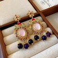 Vintage style golden earrings with pink gemstone and colorful beaded tassel on wood box - Silver Pin-Vintage Retro Colorful Gemstone Tassel Earrings