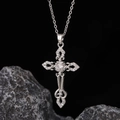 Macro detail of silver gothic cross necklace with sparkling zircons on a rock - Style 21: Copper Plated With Real Gold + Stainless Steel Chain (color Retention)