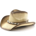 Sombrero de paja estilo vaquero bohemio en degradado marrón con banda de perlas y conchas - M (56-58cm) / Beige Café Spray