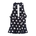 Sultry black polka dot halter neck top with deep V-neck and a cinched bow waist - XS / Polka Dot