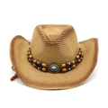 Classic western straw cowboy hat with beaded band and turquoise stone for sun protection - M (56-58cm) / Khaki + Caramel