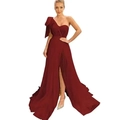 Elegantes einschultriges weinrotes Abendkleid mit Schlitz und Schleifendetail - Burgunderrot / US size 2