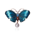 Elegant gold butterfly brooch with blue enamel wings and a hanging pearl drop detail - Style 37/Blue Enamel Pearl