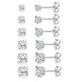 Set of 6 pairs of classic round cubic zirconia stud earrings with silver claw settings - 4-Prong Square Style / 3-8mm / White Gold