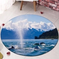 Oval ocean whale and snow mountain flannel absorbent door mat for living room - 80x80cm / Whale Snow Mountain