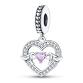 Detail of silver heart charm with pink gemstone and wings, set with sparkling zircons - Silver Heart Wing Pendant