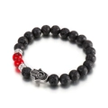Lava rock stone beads bracelet with silver Hamsa Hand charm and red accents - Black Hamsa Hand Style (KB61649-BD)
