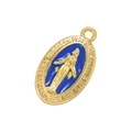 Detail of gold religious pendant with blue enamel Virgin Mary and embossed prayer text - Dark Blue