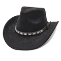 Close-up of black suede cowboy hat with stitched leather band and bronze buckle - M (56-58cm) / Black