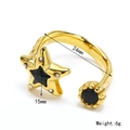 Retro gold star ring with black stones and measurements showing 24mm width and 15mm height - Adjustable Open / Gold Black Zirconia